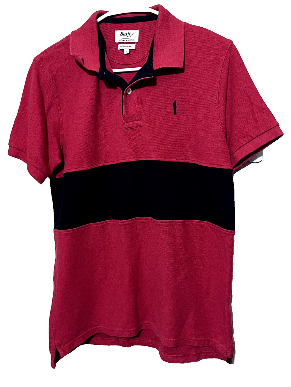 Bexley Polo‎ Shirt Mens L Rugby Chest Stripe Red Black Cotton Coupe Ajustee